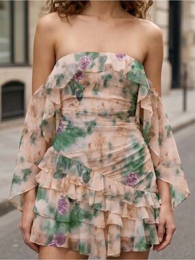 Floral Ruffle Off-Shoulder Mini Dress - Peach Green